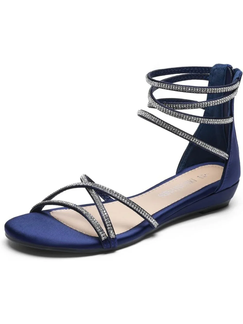 Women's Navy Rhinestones Gladiator Flat Sandals Ankle Strap Comfortable Zip